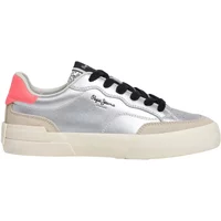 Silver women's trainers Pepe Jeans Milan Glam with black laces, white sole, pink heel accent, and logo on the side.