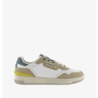 White and beige women's trainers with green accents, lace-up design, and branded side logo by Victoria.