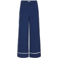 Navy blue women's trousers by b.young with wide legs and white trim at the hem.