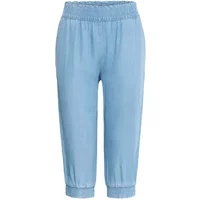 Light blue women's capri trousers by b.young with elastic waistband and cuffs.