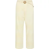 Cream women's trousers with wide legs, high waist, and a decorative belt with a round buckle.