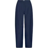 Navy blue women's trousers by Ichi with high waist and pleated front design.