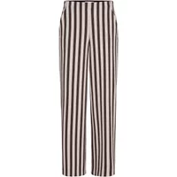 Black and white vertical striped women's trousers with straight leg and side pockets.