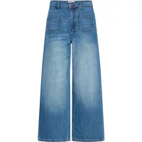 Blue wide-leg denim trousers with high waist and front pockets, featuring a faded wash by Ichi.