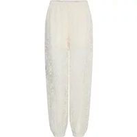 Cream Ichi IHXelva women's trousers with elastic waistband and cuffs, featuring a subtle floral pattern.