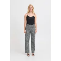 Black and white patterned women's trousers by Ichi, high-waisted with wide legs.