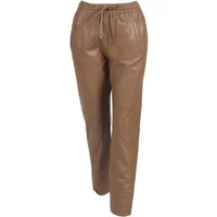 Brown leather women's trousers with elastic waistband and drawstring, featuring a straight-leg fit.