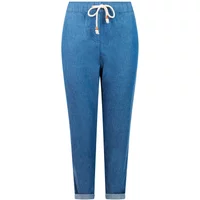 Blue women's trousers with elastic waistband, white drawstring, and cuffed ankles.