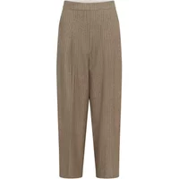 Brown high-waisted women's trousers with subtle vertical stripes and a relaxed fit.