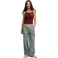 Women's Superdry trousers, mini check pattern, loose fit, elastic waistband, blue and white checks.