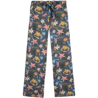 Floral print women's trousers TBS Gysel, navy base with pink, yellow, and white flowers, elastic waistband with drawstring.