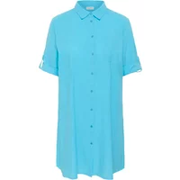 Blue KAFFE Curve KCPaula women's tunic with short sleeves, button-down front, and classic collar.