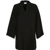 Black women's tunic by Kaffe, long sleeves, V-neck with subtle ruffle trim, loose fit.