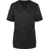 Black women's tunic by Karlowsky with short sleeves, V-neck, front buttons, and multiple pockets.