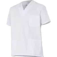 White Velilla women's tunic with short sleeves, V-neck, and three front pockets.