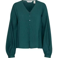 Teal women's V-neck blouse by b.young, button-up front, long puff sleeves, textured fabric.