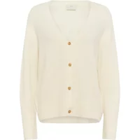 Cream women's V-neck cardigan with long sleeves and five brown buttons down the front.
