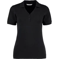 Black women's V-neck polo by Kustom Kit with short sleeves and buttoned placket.