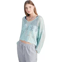 Light blue women's V-neck sweater with geometric patterns and loose fit by 24 Colours.