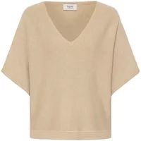 Beige women's V-neck sweater by b.young, short sleeves, relaxed fit, lightweight knit.