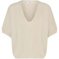 Beige women's V-neck sweater by b.young, short sleeves, relaxed fit, subtle vertical knit pattern.