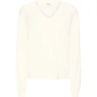 Cream women's V-neck sweater by fransa, long sleeves, ribbed cuffs and hem, soft knit fabric.