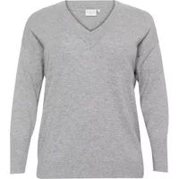Gray women's V-neck sweater by KAFFE Curve, long sleeves, soft knit fabric.