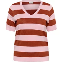 V-neck sweater with pink and brown horizontal stripes, short sleeves, by KAFFE Curve.