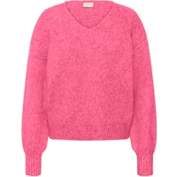 Pink women's V-neck sweater by Kaffe Sarla, featuring long sleeves and ribbed cuffs and hem.