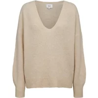 Beige women's V-neck sweater by Nümph Riette with long sleeves and relaxed fit.
