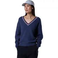 Navy blue women's V-neck sweater by Rossignol, featuring white and red trim on neckline.