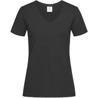 Black women's V-neck T-shirt by Stedman, short sleeves, tailored fit, soft fabric.