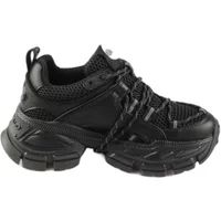Black vegan nappa and mesh sneakers with chunky sole, lace-up design, and textured detailing by Buffalo Saturn Lace.