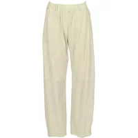 Beige velour women's pants with elastic waistband and straight leg design.
