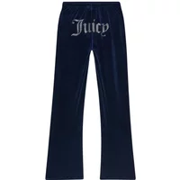 Navy blue velour tracksuit bottoms by Juicy Couture with "Juicy" in silver script on the back.