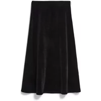 Black velvet A-line skirt by ARMEDANGELS, mid-length with a smooth texture and subtle sheen.