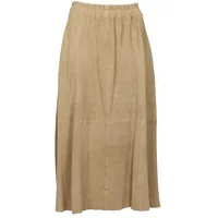 Beige women's velvet skirt with elastic waistband and pleated design by Oakwood Nahee.