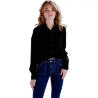 Black viscose blouse with long sleeves and button-up front, worn by a woman with wavy hair and blue jeans.