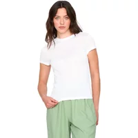 White women's viscose T-shirt, short sleeves, crew neck, paired with light green pants.