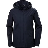 Navy blue women's waterproof jacket by Helly Hansen with hood, front zipper, and long sleeves.