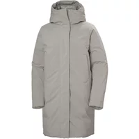 Beige Helly Hansen women's waterproof jacket with hood, long sleeves, and front zipper closure.
