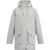 Women's waterproof Regatta Norana jacket, light gray with hood, front zipper, and snap-button pockets.