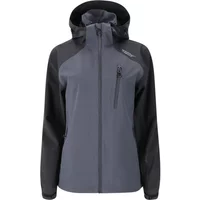 Gray and black women's waterproof jacket with hood, zippered chest pocket, and Weather Report logo on shoulder.