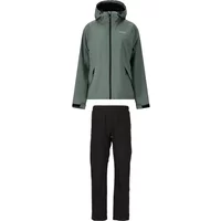 Green waterproof jacket and black pants set, hooded with front zipper, adjustable cuffs, by Weather Report.