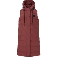 Maroon long puffer vest with hood, snap buttons, and drawstrings, by Weather Report.