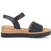 Black Gabor Comfort women's wedge sandals with cork sole, adjustable ankle strap, and cushioned footbed.