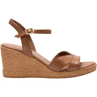 Brown leather wedge sandals with ankle strap and woven espadrille heel, Ryłko Gwen.