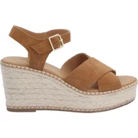 Brown suede wedge sandals with ankle strap, buckle closure, and braided espadrille platform by Schmoove Mina.