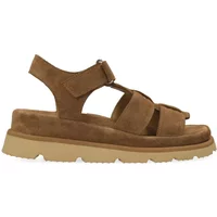Brown suede women's wedge sandals with adjustable ankle strap and thick rubber sole.
