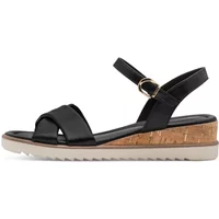 Black Tamaris wedge sandals with cork sole, adjustable ankle strap, and white rubber outsole.